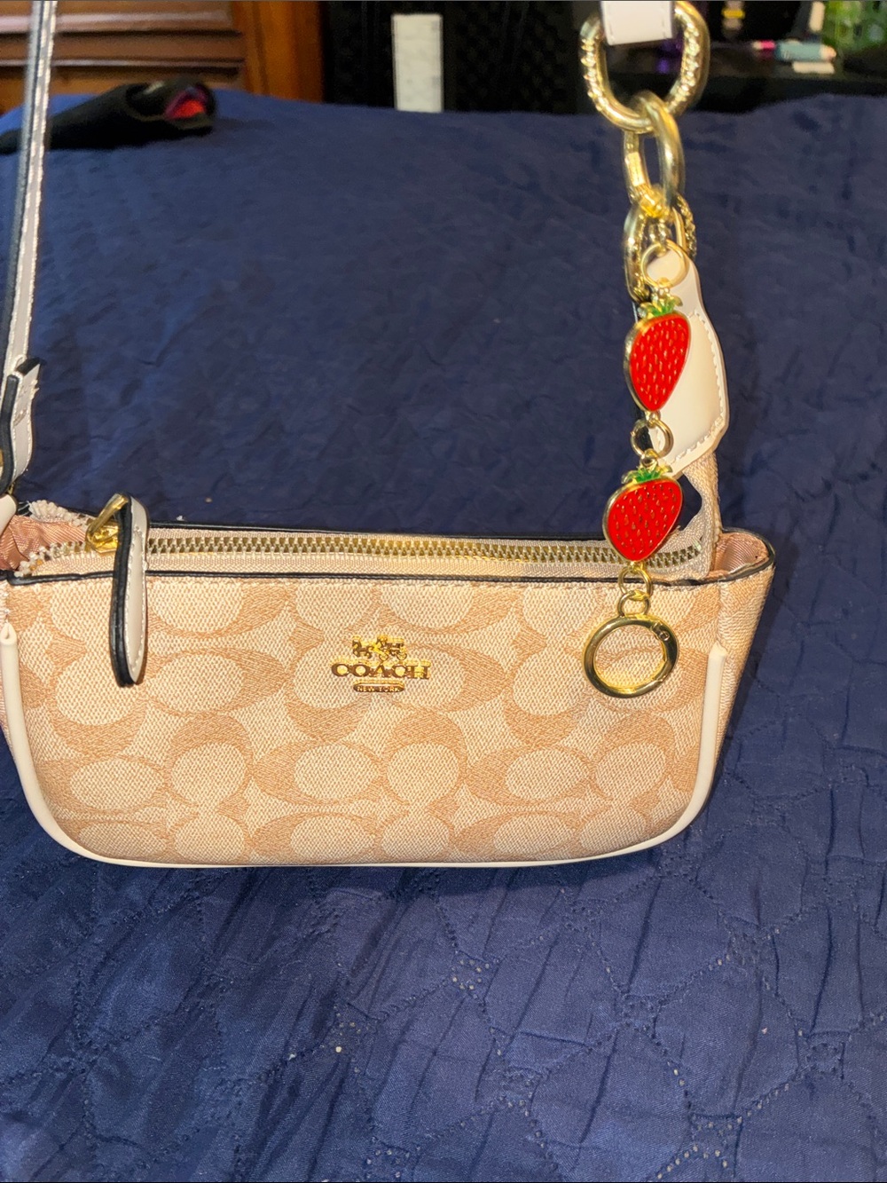 Coach Mini Signature Shoulder Bag in Light Pink and Cream with Strawberry Charm